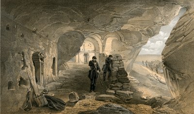 Excavated church in the caverns at Inkermann, looking west by William Crimea Simpson